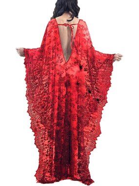 Women's Plus Size Sheer Lace Kimono Swimsuit Beach Cover Up-Z Red